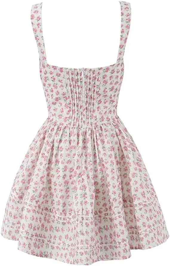 Women Lace Floral Print Mini Dress Low Waist Square Neck Party Dress Holiday Robe