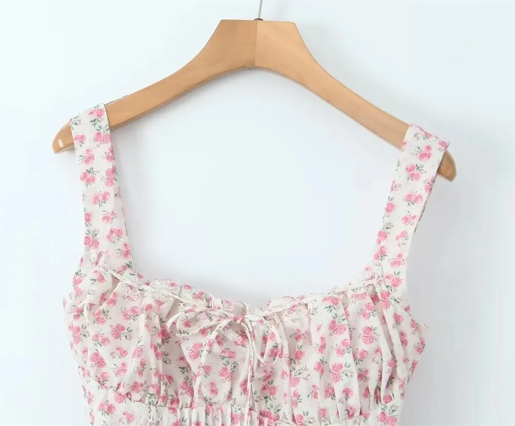 Women Lace Floral Print Mini Dress Low Waist Square Neck Party Dress Holiday Robe