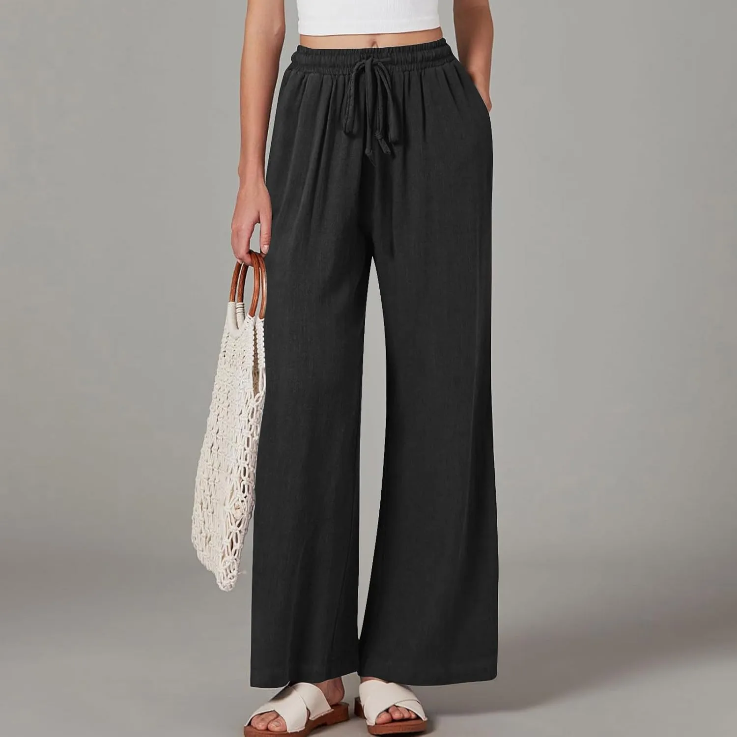 Women Linen Palazzo Pants Summer Boho Beach Pants Casual Wide Leg High Waist Lounge Pant Vacation Trousers with Pocket