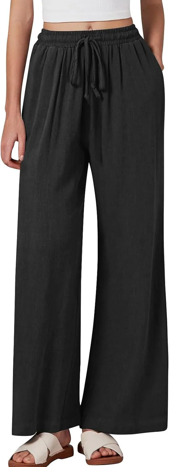 Women Linen Palazzo Pants Summer Boho Beach Pants Casual Wide Leg High Waist Lounge Pant Vacation Trousers with Pocket