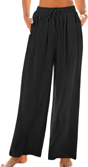 Women Linen Palazzo Pants Summer Boho Beach Pants Casual Wide Leg High Waist Lounge Pant Vacation Trousers with Pocket