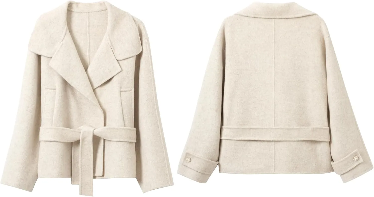 Women Merino Wool Wool Coats Notched Lapel Pea Coat Open Front Trench Overcoat Jackets with Belt