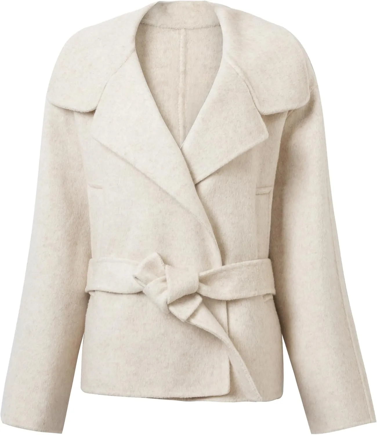 Women Merino Wool Wool Coats Notched Lapel Pea Coat Open Front Trench Overcoat Jackets with Belt