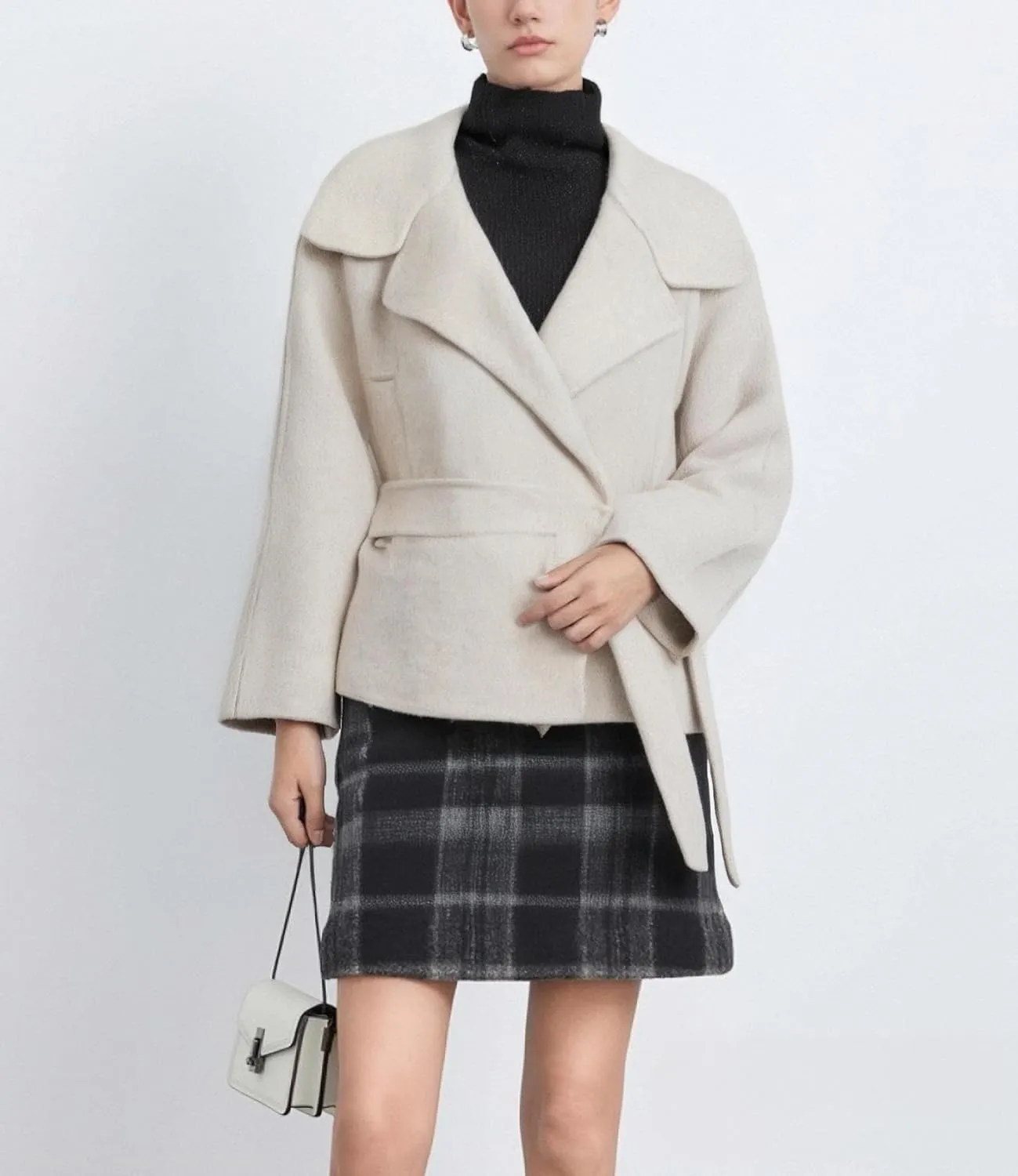 Women Merino Wool Wool Coats Notched Lapel Pea Coat Open Front Trench Overcoat Jackets with Belt