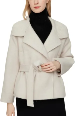 Women Merino Wool Wool Coats Notched Lapel Pea Coat Open Front Trench Overcoat Jackets with Belt