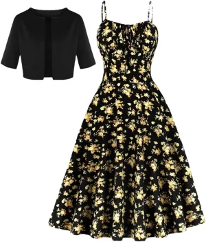 Women Mid Sleeved Mini Suit and Print Floral Print Camisole Dress Two Piece Set