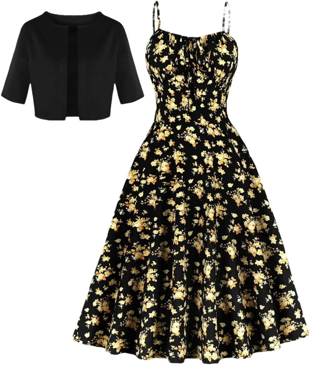 Women Mid Sleeved Mini Suit and Print Floral Print Camisole Dress Two Piece Set