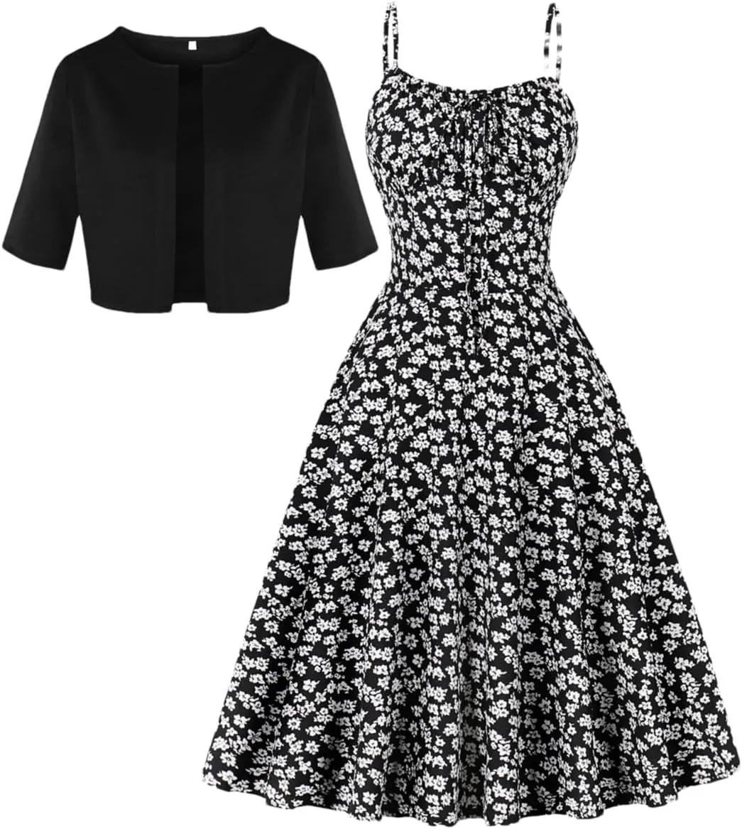 Women Mid Sleeved Mini Suit and Print Floral Print Camisole Dress Two Piece Set