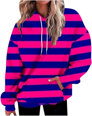Women Oversized Stripe Sweatshirts Long Sleeve Drawstring Hoodies Trendy Fall Tops with Hood Fall Fashion Clothes