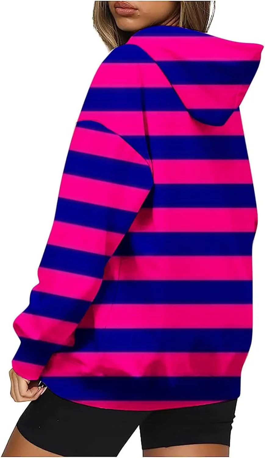 Women Oversized Stripe Sweatshirts Long Sleeve Drawstring Hoodies Trendy Fall Tops with Hood Fall Fashion Clothes