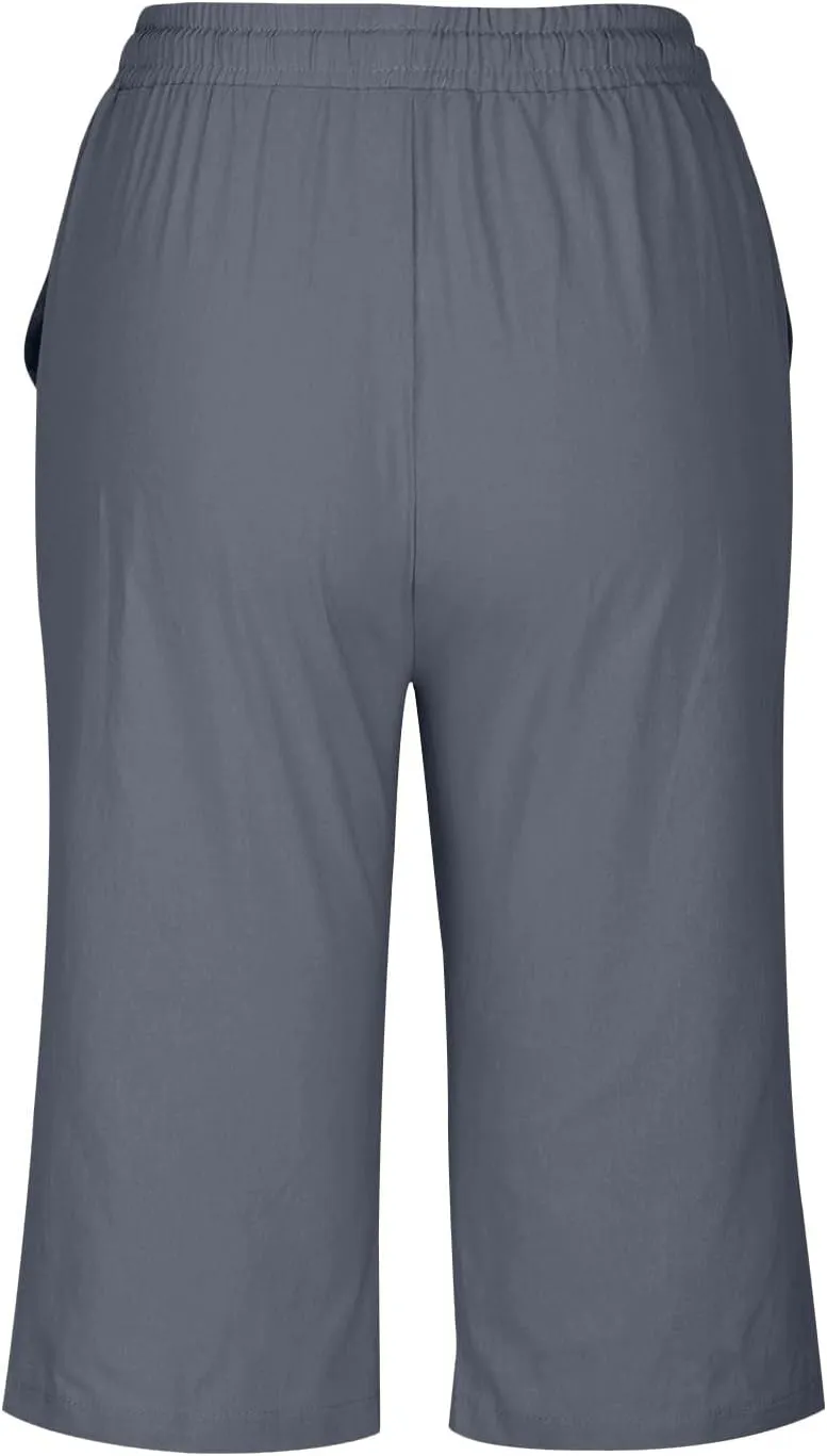 Women Pants Petite Drawstring Short Summer Womens Capris Linen Cotton Cargo Capri Pants for Women Stretch Loose