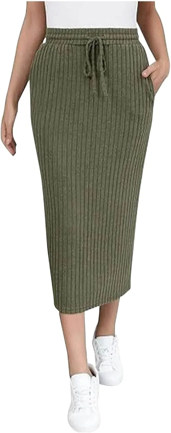 Women Ribbed Knit Bodycon Midi Skirt Drawstring High Waisted Pencil Skirts Dressy Casual Slim Long Skirt with Pocket