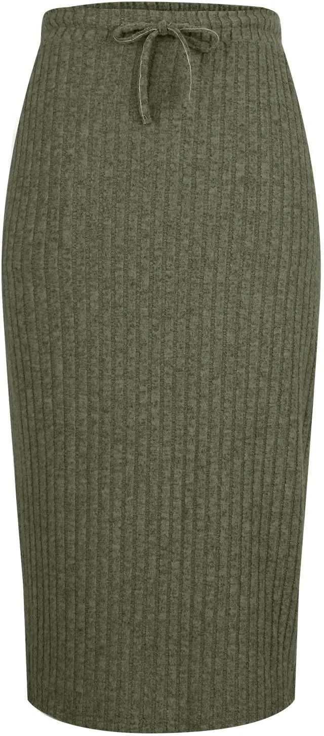Women Ribbed Knit Bodycon Midi Skirt Drawstring High Waisted Pencil Skirts Dressy Casual Slim Long Skirt with Pocket