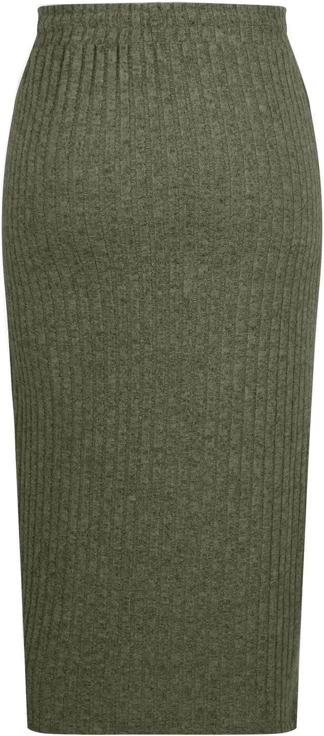 Women Ribbed Knit Bodycon Midi Skirt Drawstring High Waisted Pencil Skirts Dressy Casual Slim Long Skirt with Pocket