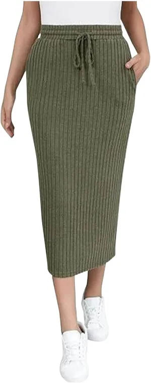 Women Ribbed Knit Bodycon Midi Skirt Drawstring High Waisted Pencil Skirts Dressy Casual Slim Long Skirt with Pocket