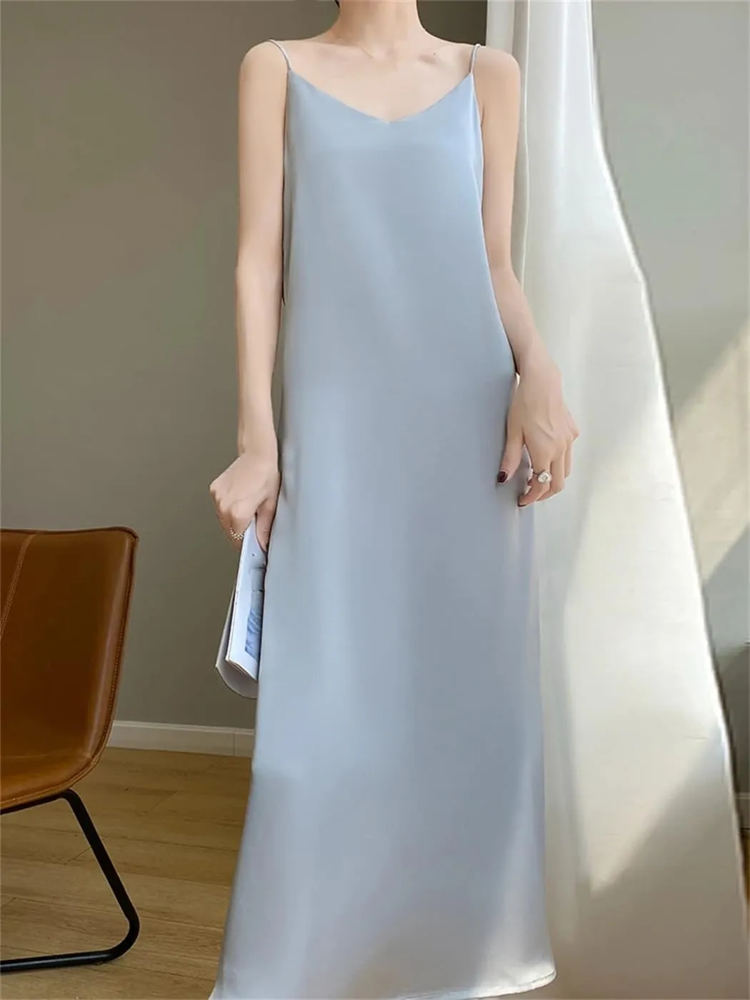 Women Summer Thin Silk Satin Dress Office Lady Solid Color A-Line Cocktail Wedding Party Dress