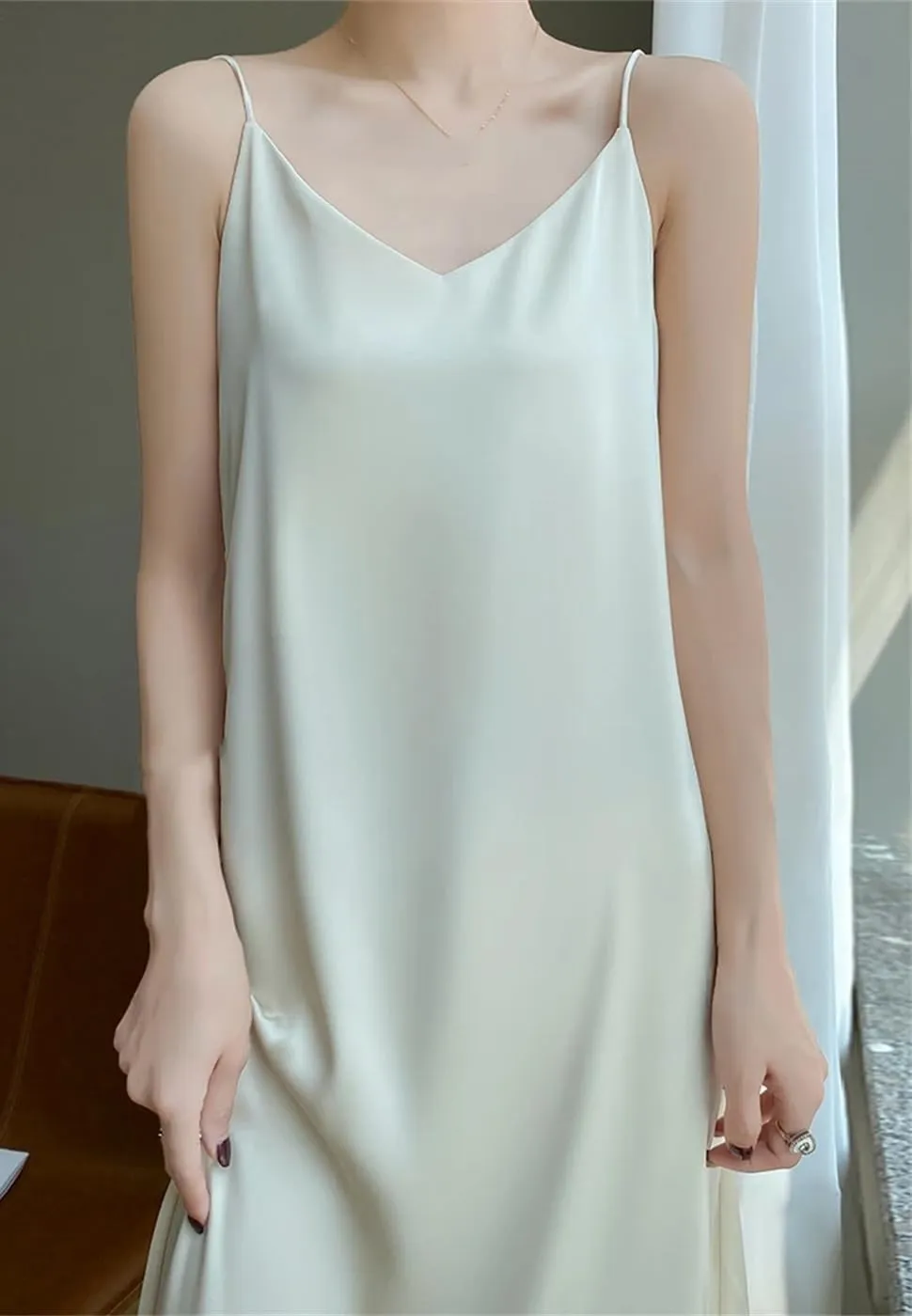 Women Summer Thin Silk Satin Dress Office Lady Solid Color A-Line Cocktail Wedding Party Dress