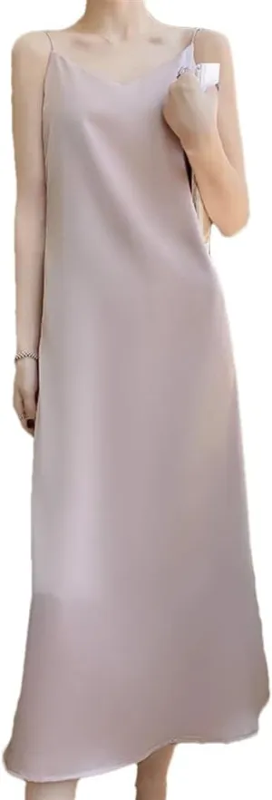 Women Summer Thin Silk Satin Dress Office Lady Solid Color A-Line Cocktail Wedding Party Dress