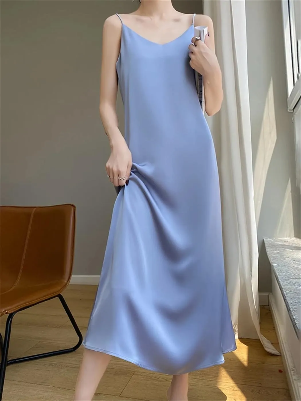 Women Summer Thin Silk Satin Dress Office Lady Solid Color A-Line Cocktail Wedding Party Dress