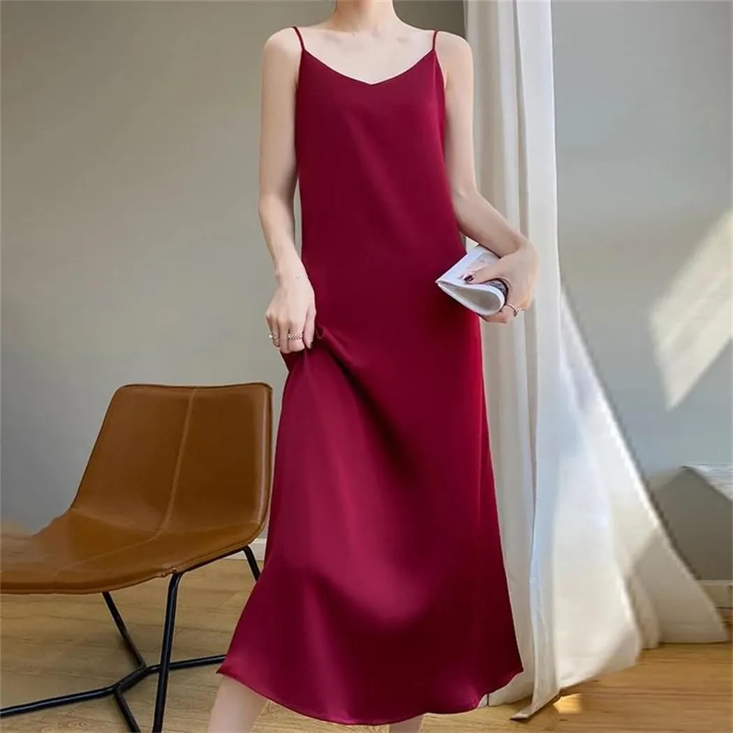 Women Summer Thin Silk Satin Dress Office Lady Solid Color A-Line Cocktail Wedding Party Dress