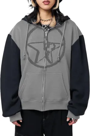 Women Zip Up Hoodie Y2k Vintage Graphic Oversized Sweatshirt Long Sleeve Goth Jacket Harajuku Streetwear