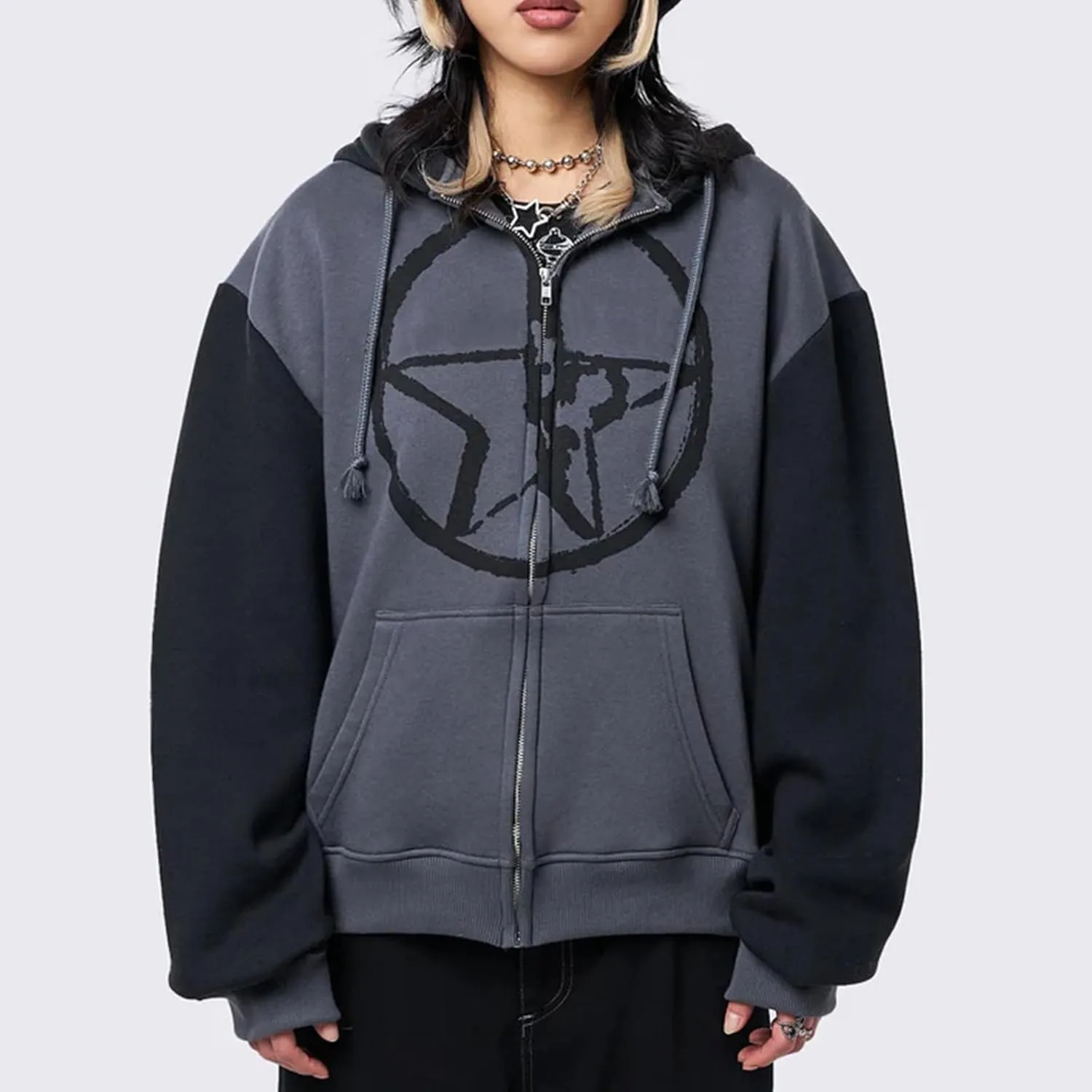 Women Zip Up Hoodie Y2k Vintage Graphic Oversized Sweatshirt Long Sleeve Goth Jacket Harajuku Streetwear