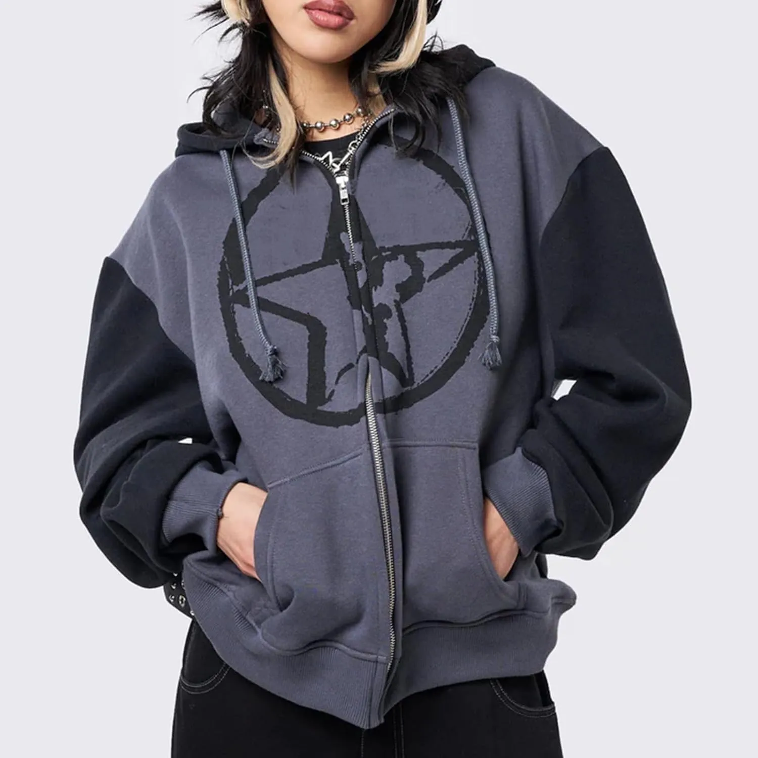 Women Zip Up Hoodie Y2k Vintage Graphic Oversized Sweatshirt Long Sleeve Goth Jacket Harajuku Streetwear