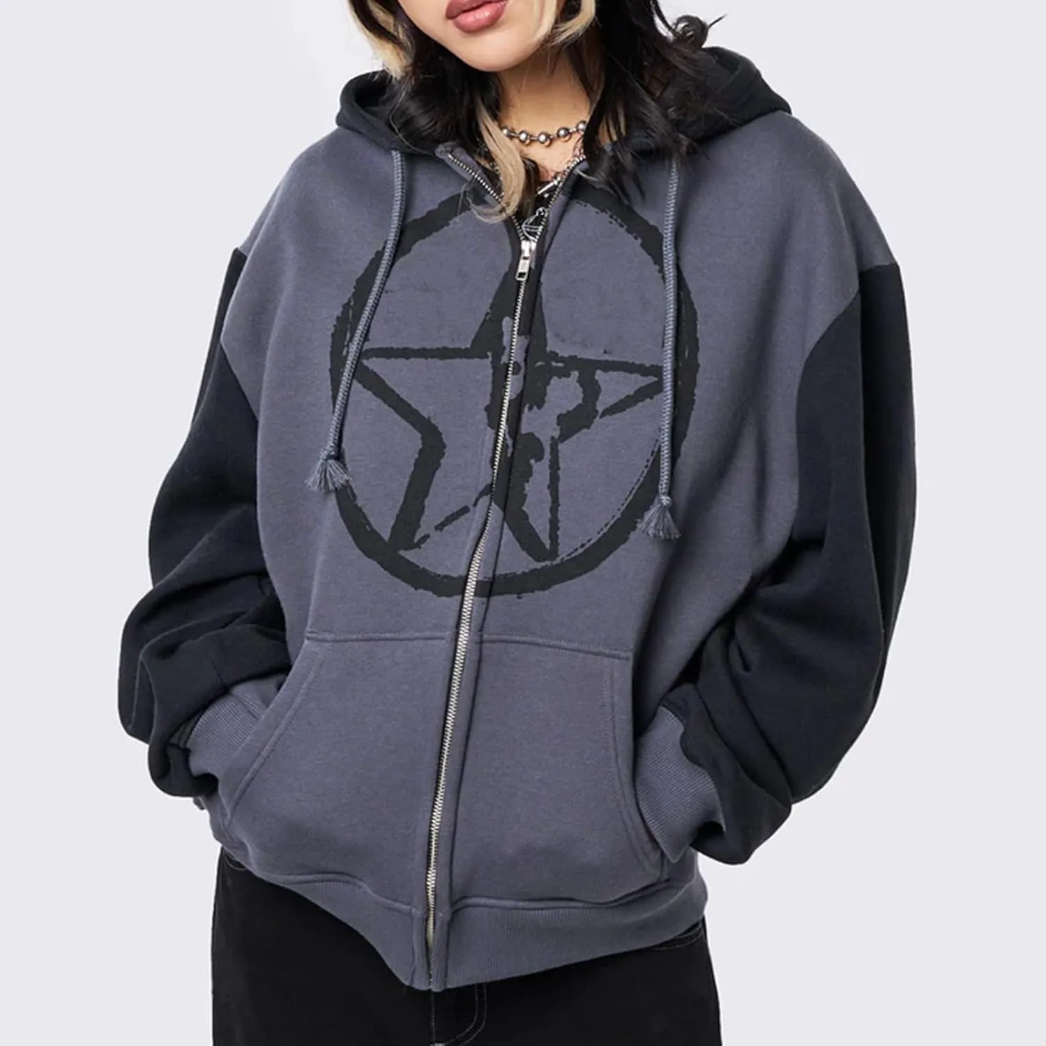 Women Zip Up Hoodie Y2k Vintage Graphic Oversized Sweatshirt Long Sleeve Goth Jacket Harajuku Streetwear