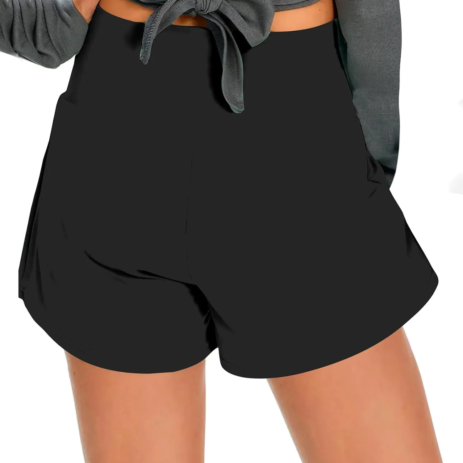 Women's 2 in 1 Lined Trendy Short Solid Color High Waisted Pant Loose Fit Stretch Trouser Elastic Comfy Shorts