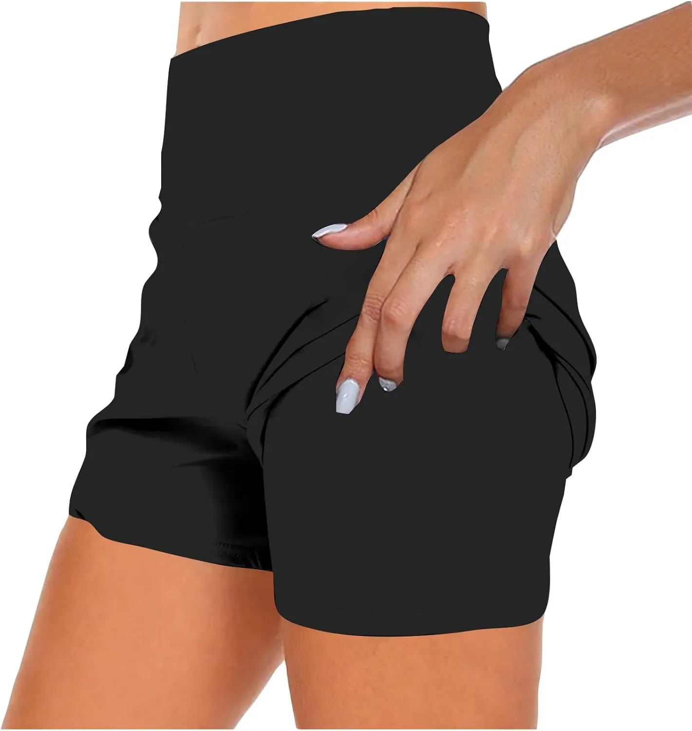 Women's 2 in 1 Lined Trendy Short Solid Color High Waisted Pant Loose Fit Stretch Trouser Elastic Comfy Shorts