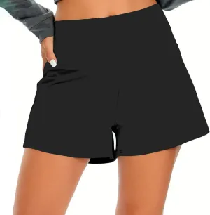 Women's 2 in 1 Lined Trendy Short Solid Color High Waisted Pant Loose Fit Stretch Trouser Elastic Comfy Shorts