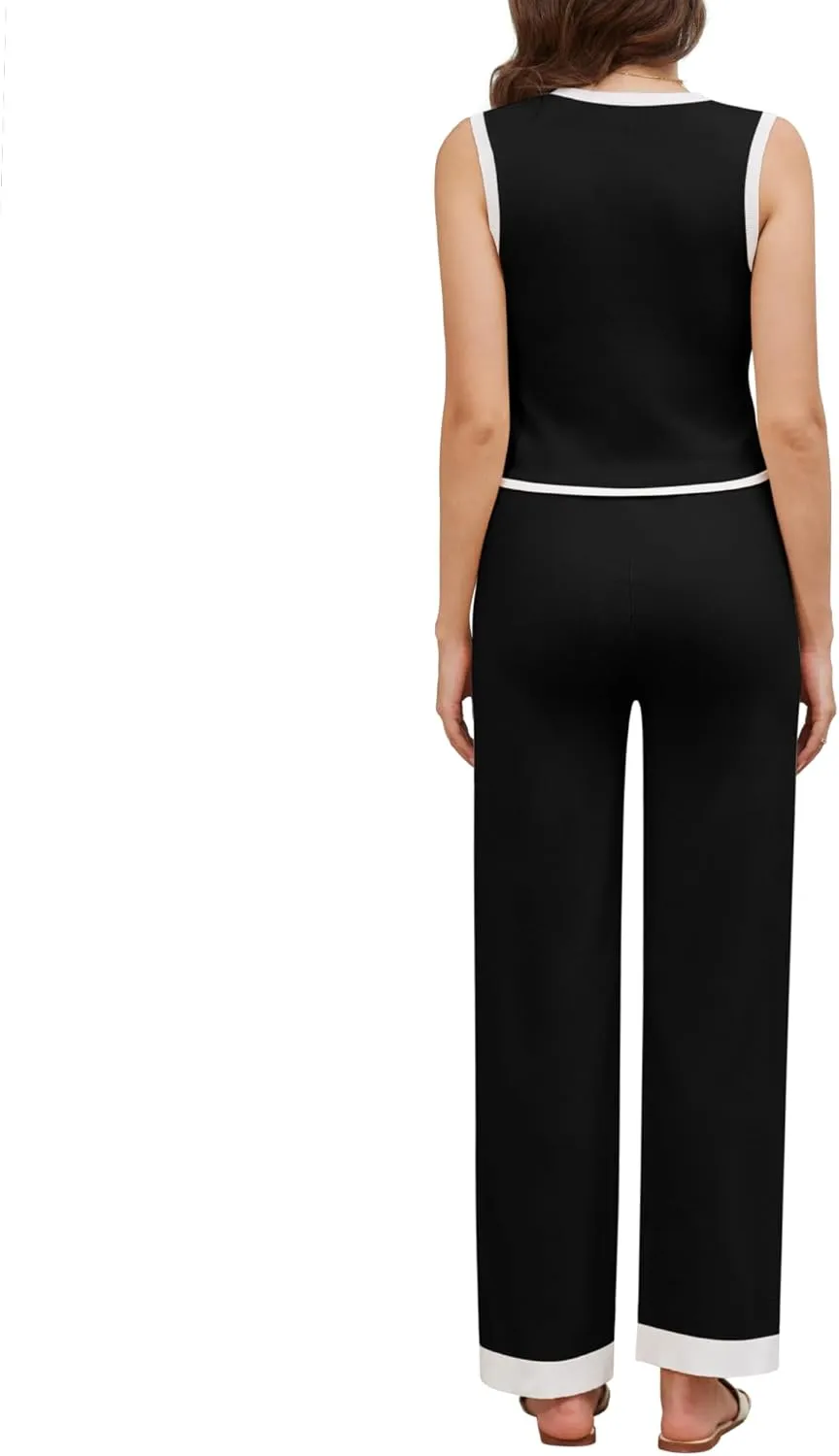 Women's 2 Piece Outfits Striped Set V Neck Vest Wide Leg Pants Lounge Wear Set Button Down Sleeveless Top Pants
