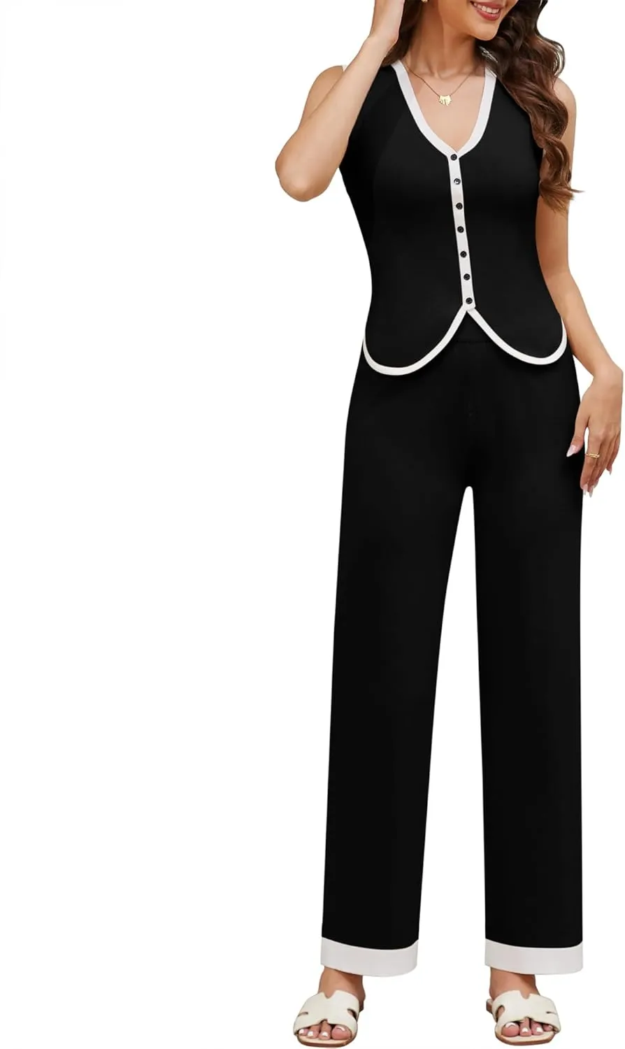 Women's 2 Piece Outfits Striped Set V Neck Vest Wide Leg Pants Lounge Wear Set Button Down Sleeveless Top Pants