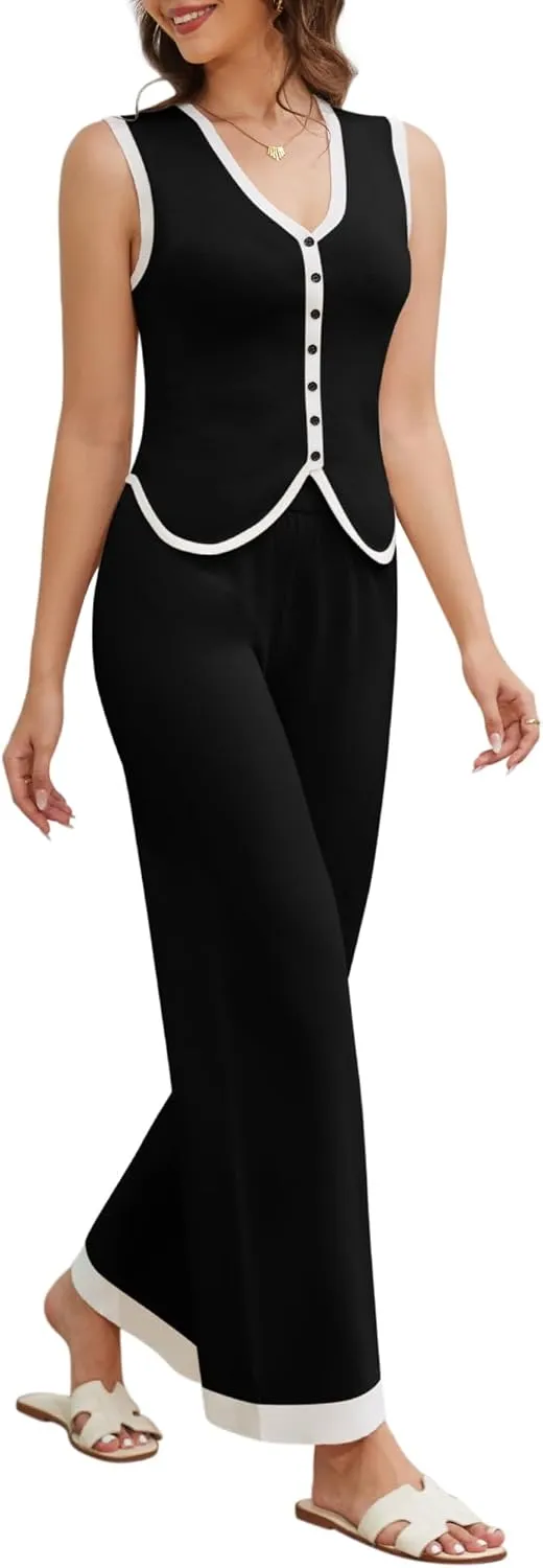 Women's 2 Piece Outfits Striped Set V Neck Vest Wide Leg Pants Lounge Wear Set Button Down Sleeveless Top Pants