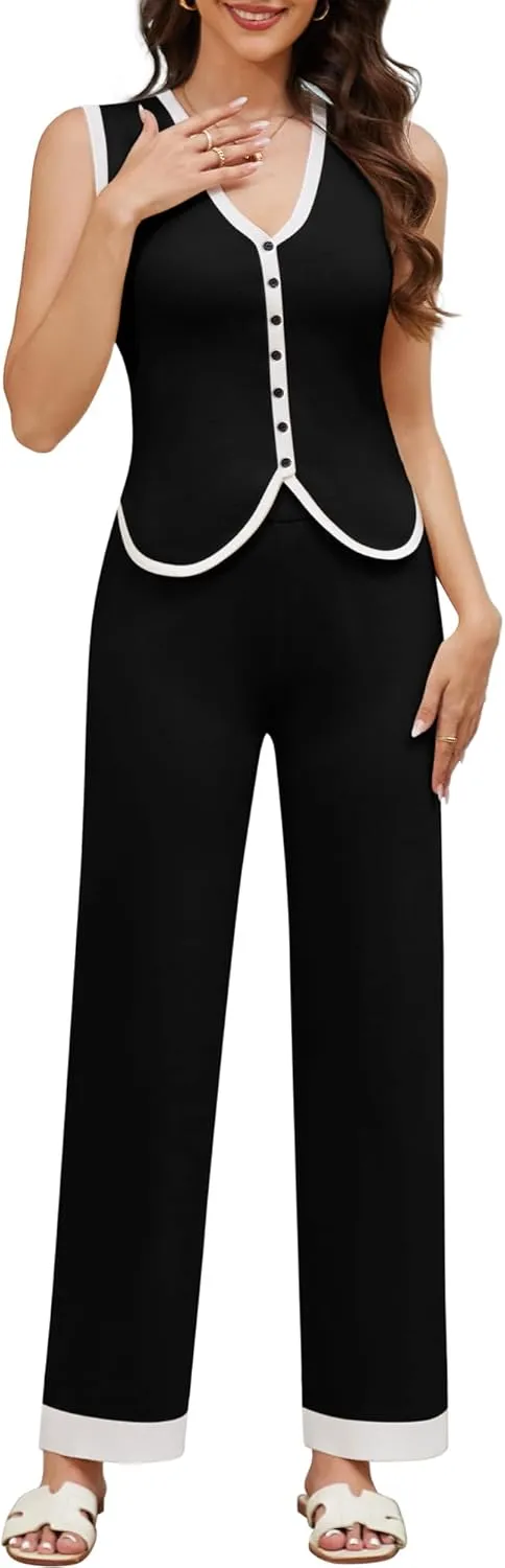 Women's 2 Piece Outfits Striped Set V Neck Vest Wide Leg Pants Lounge Wear Set Button Down Sleeveless Top Pants