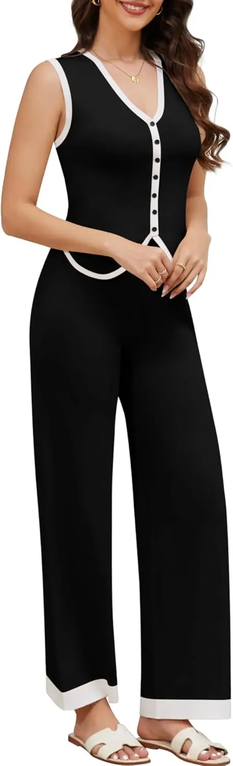 Women's 2 Piece Outfits Striped Set V Neck Vest Wide Leg Pants Lounge Wear Set Button Down Sleeveless Top Pants