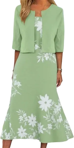 Womens 2 Piece Set Fashion Plant Print Midi Dress with Jacket Wedding Guest Floral Print Party Dresses