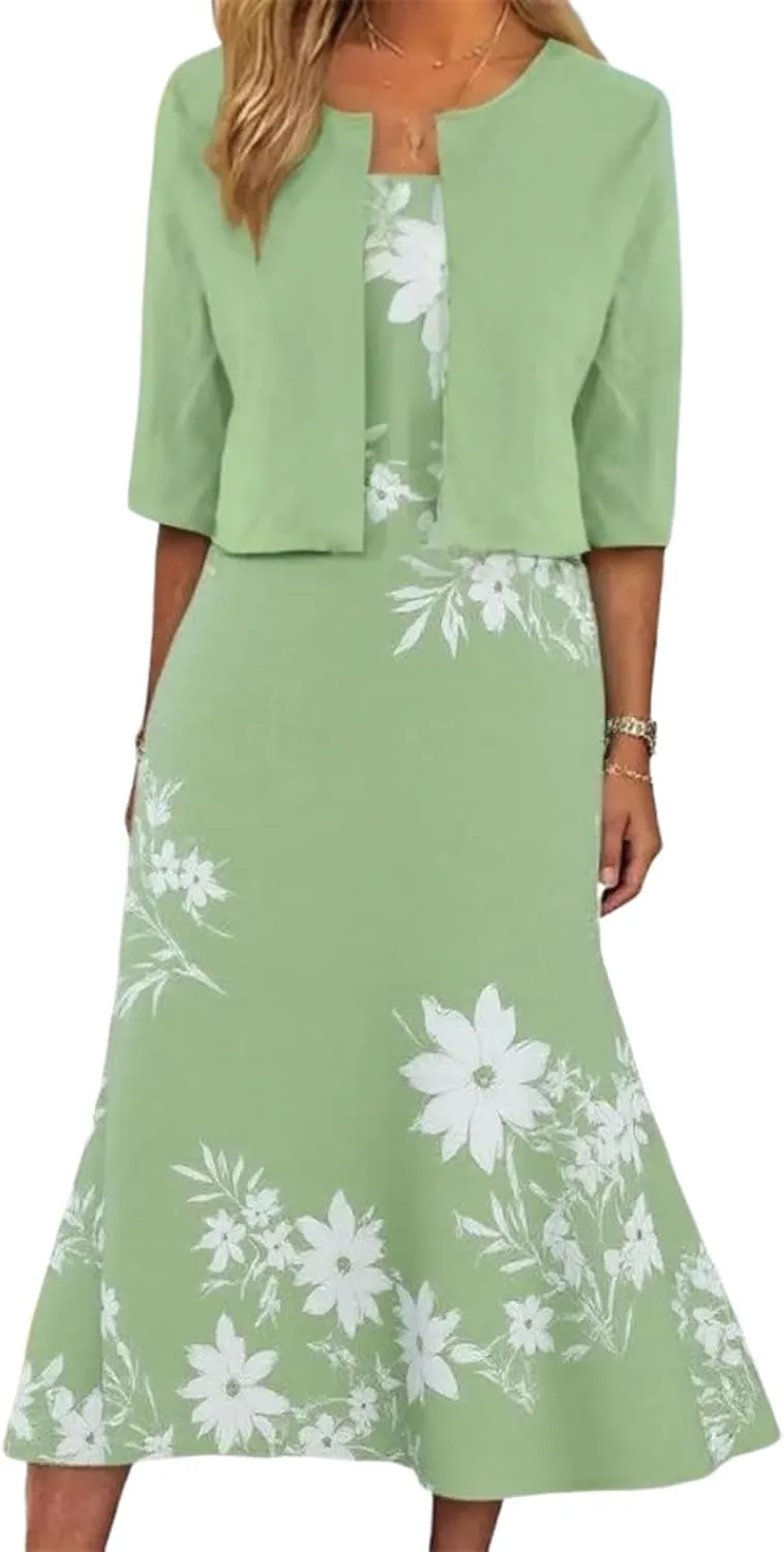 Womens 2 Piece Set Fashion Plant Print Midi Dress with Jacket Wedding Guest Floral Print Party Dresses