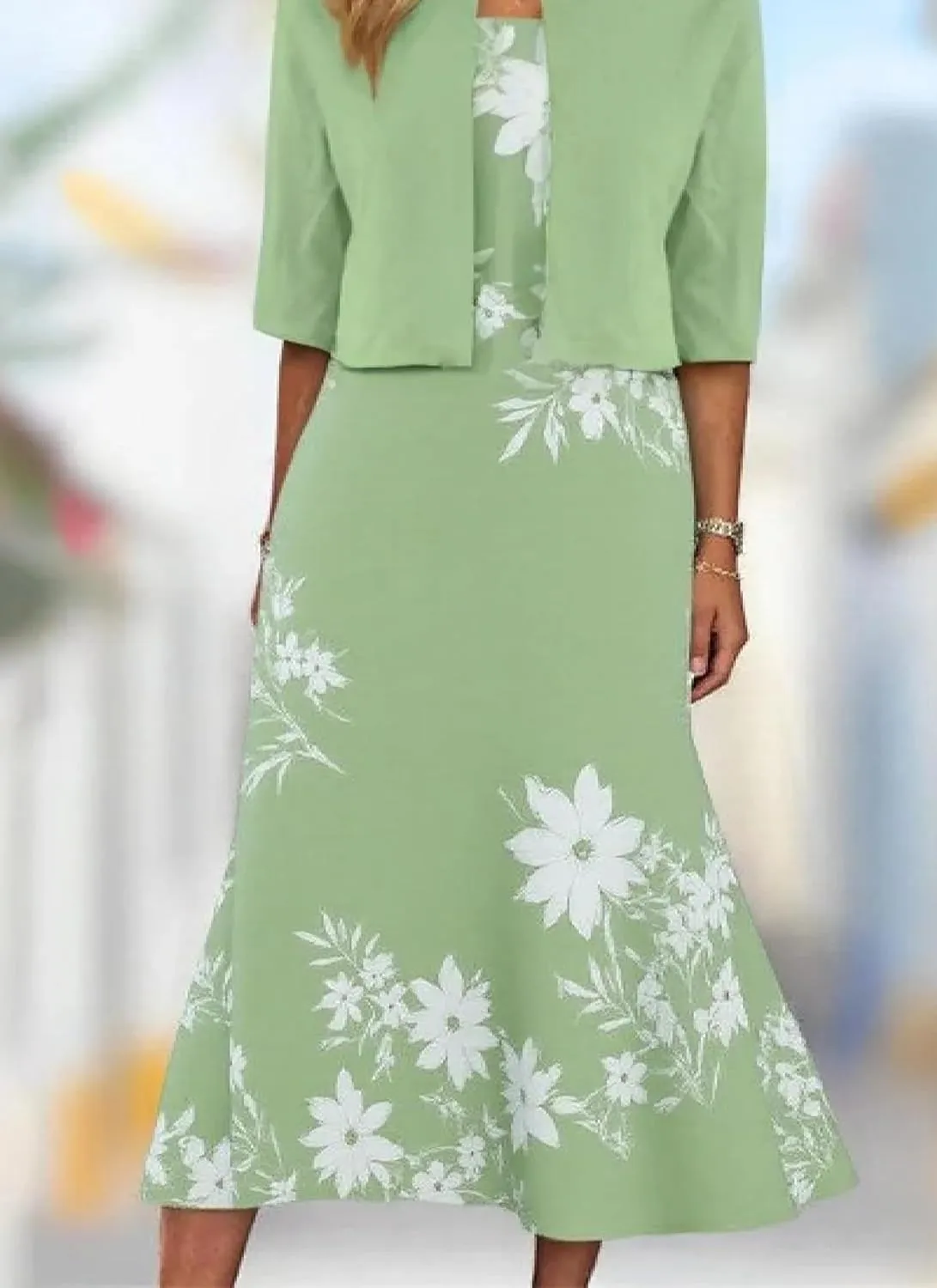 Womens 2 Piece Set Fashion Plant Print Midi Dress with Jacket Wedding Guest Floral Print Party Dresses