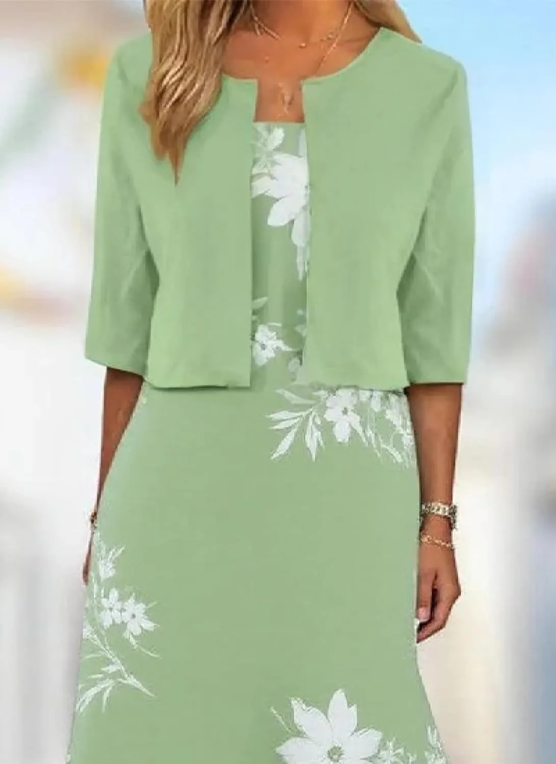 Womens 2 Piece Set Fashion Plant Print Midi Dress with Jacket Wedding Guest Floral Print Party Dresses