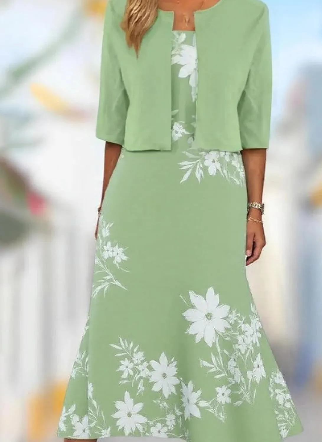 Womens 2 Piece Set Fashion Plant Print Midi Dress with Jacket Wedding Guest Floral Print Party Dresses