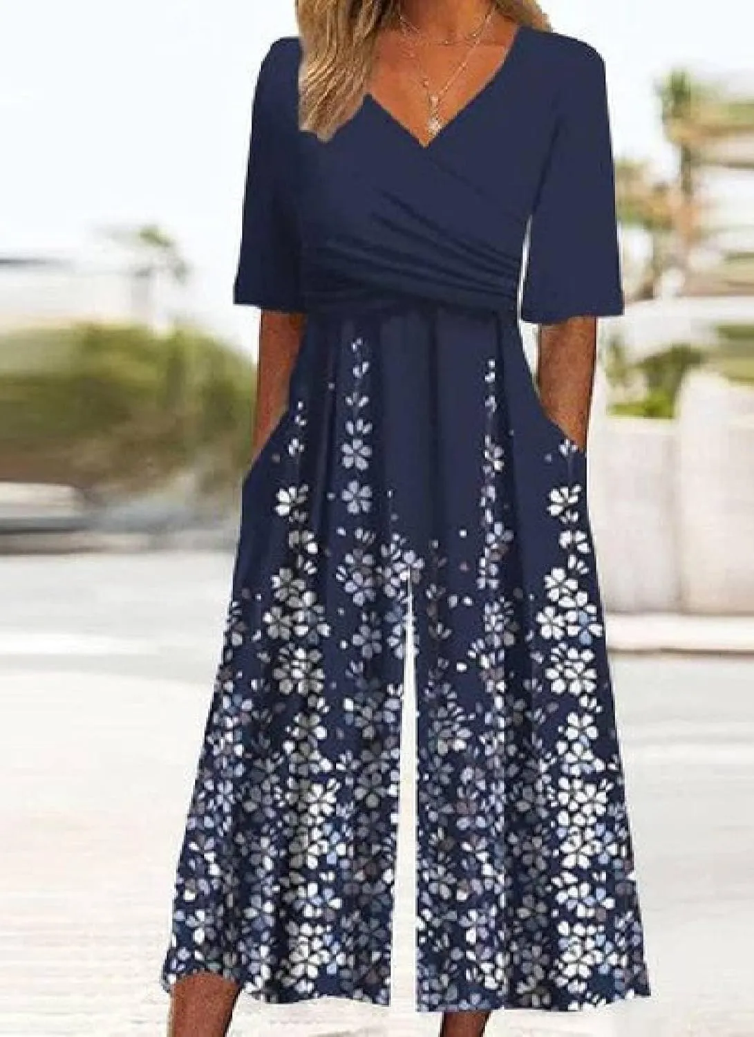 Women's 2025 Jumpsuits Dressy Casual Black One Piece Outfits Half Sleeve V Neck White Floral Print Pants Rompers