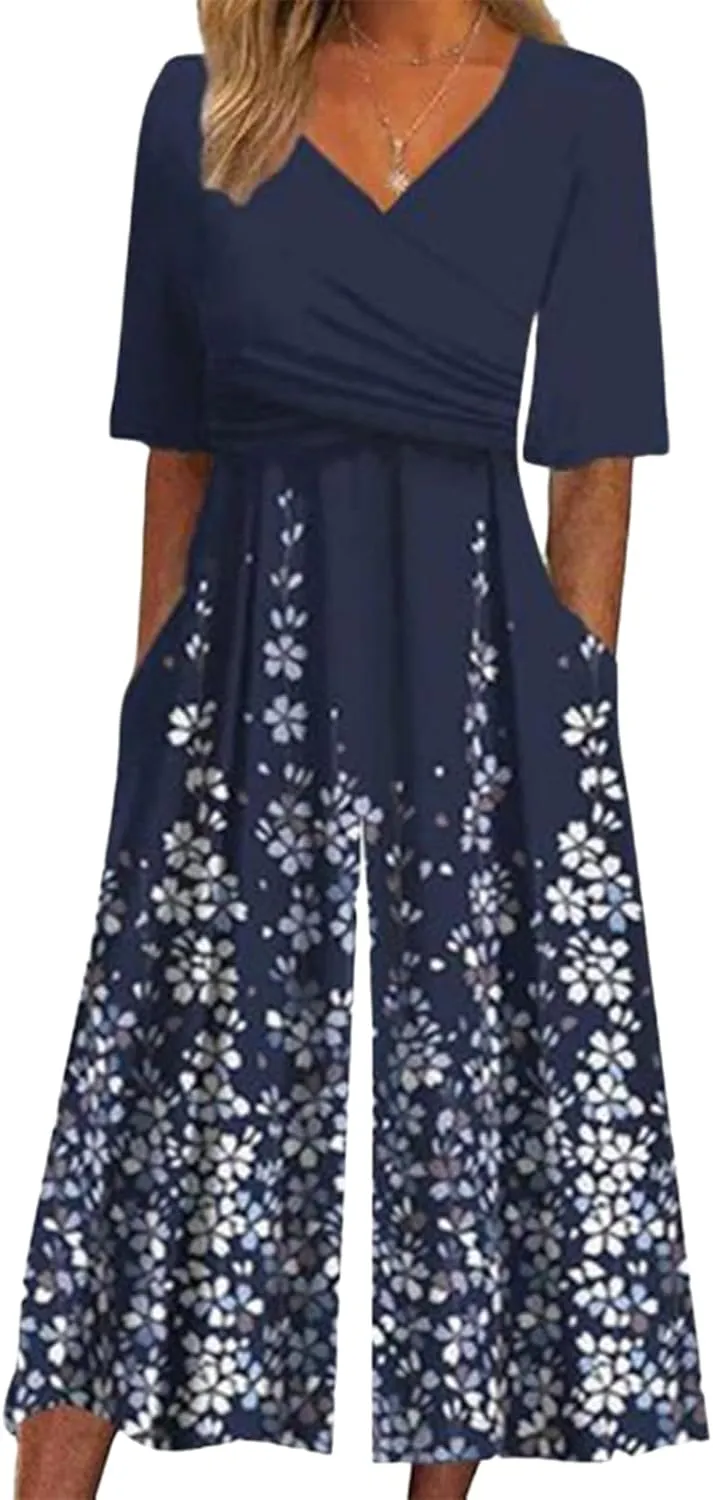 Women's 2025 Jumpsuits Dressy Casual Black One Piece Outfits Half Sleeve V Neck White Floral Print Pants Rompers