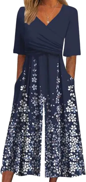Women's 2025 Jumpsuits Dressy Casual Black One Piece Outfits Half Sleeve V Neck White Floral Print Pants Rompers