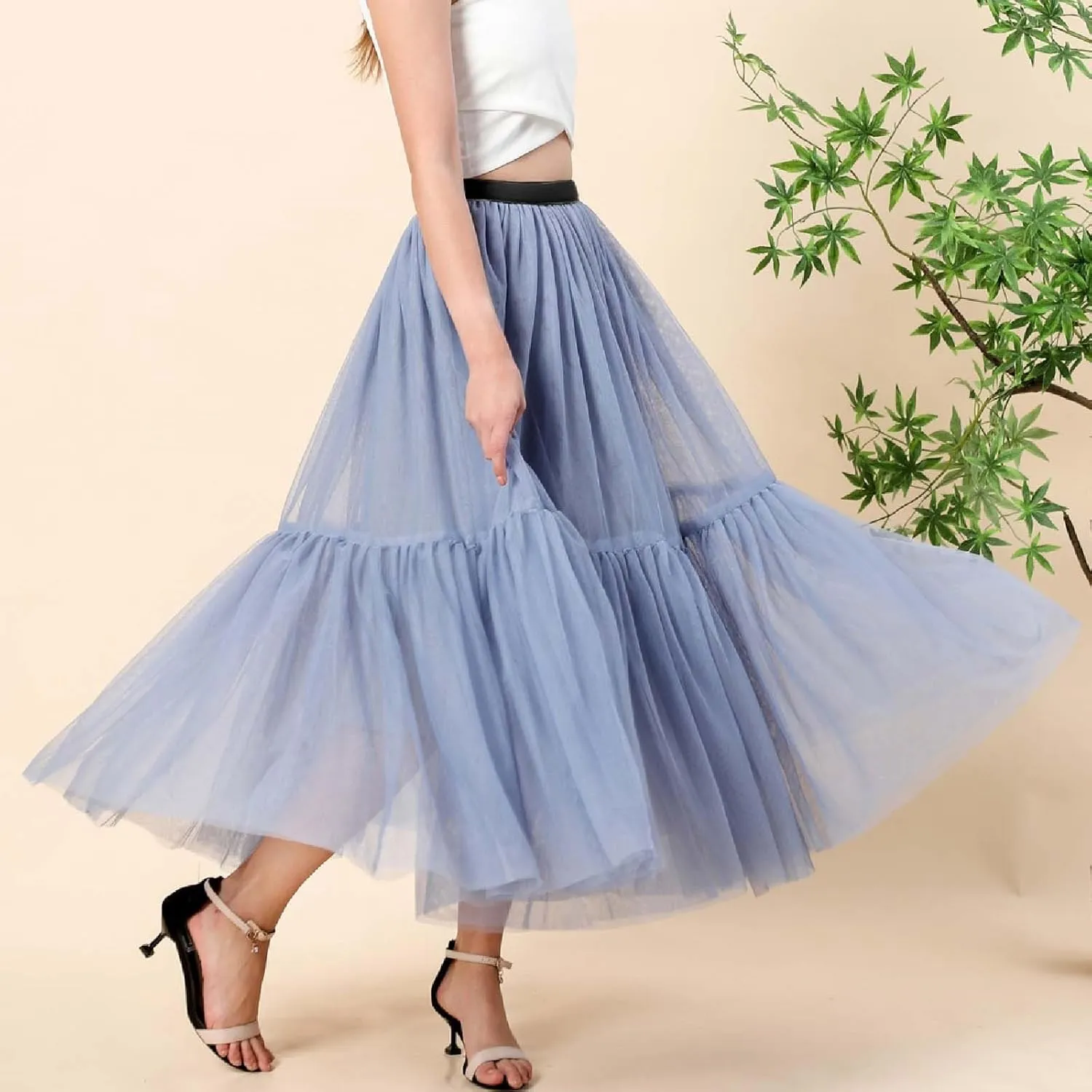 Women's A Line Tulle Party Dinner Tutu Skirt Brown Stretchy High Waisted Flared Skirt Plus Size Womens Skirts