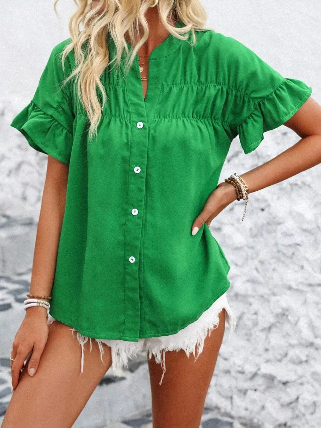 Womens Button Down Shirts Ruffle Ruched Short Sleeve Tops Summer Solid Casual Work Business Blouses