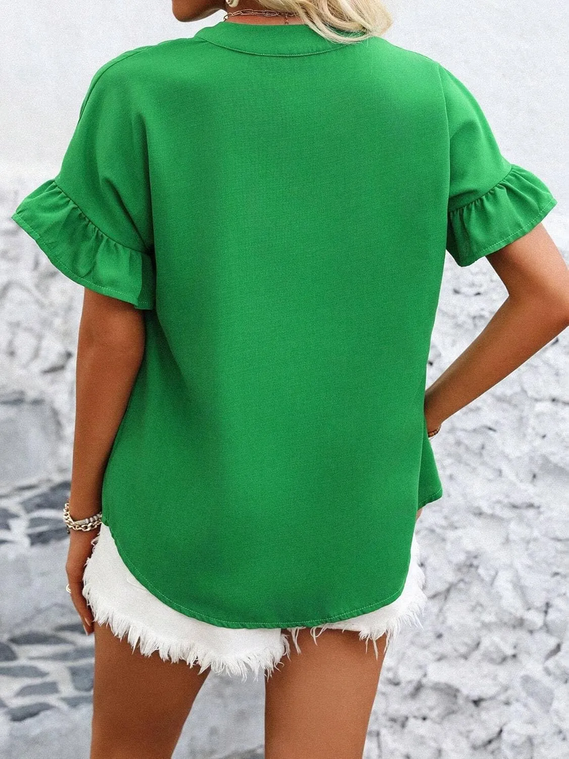 Womens Button Down Shirts Ruffle Ruched Short Sleeve Tops Summer Solid Casual Work Business Blouses