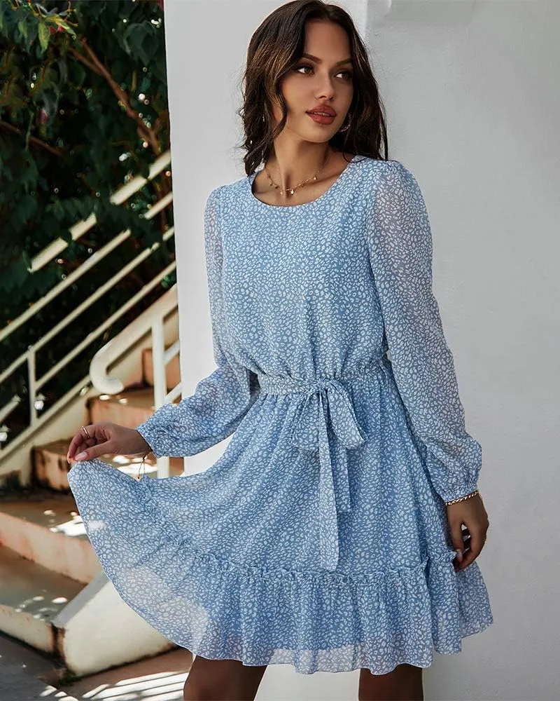 Women's Casual Floral Printed Ruffle Dress Waist Tie Roundneck Long Sleeve A Line Mini Dress