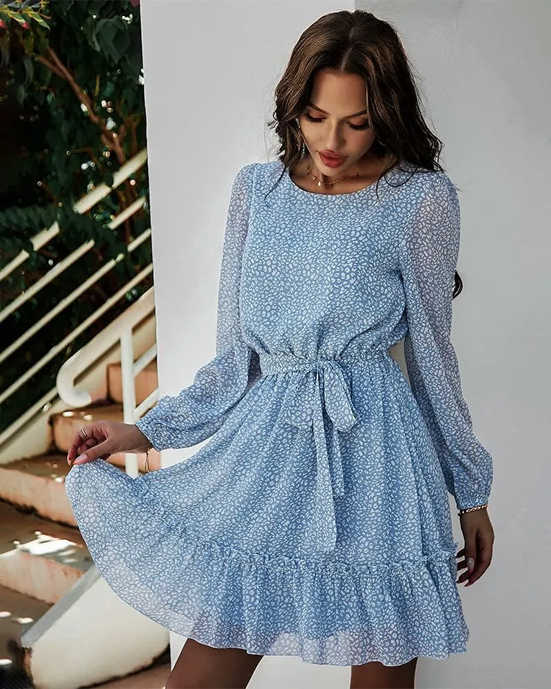 Women's Casual Floral Printed Ruffle Dress Waist Tie Roundneck Long Sleeve A Line Mini Dress