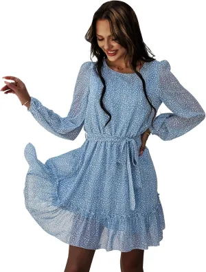 Women's Casual Floral Printed Ruffle Dress Waist Tie Roundneck Long Sleeve A Line Mini Dress